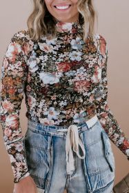 Brown Floral Print Mesh Mock Neck Slim Top (size: (US 12-14)L)