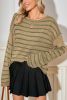 Khaki Casual Stripe Round Neck Drop Shoulder Sweater