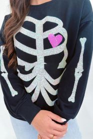 Black Skull Print Heart Sequin Round Neck Sweatshirt (size: (US 20-22)2XL)