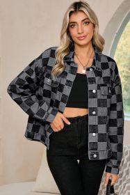 Black Checkered Patchwork Button Up Denim Jacket (size: (US 20-22)2XL)