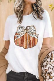 White Thanksgiving Bowknot Pumpkin Print Graphic T Shirt (size: (US 20-22)2XL)