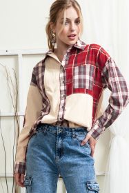 Red Plaid Color Block Pocket Patchwork Corduroy Shacket (size: (US 18-20)2XL)