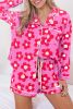 Pink 60s Flower Print Buttoned Shirt and Drawstring Waist Pajama Set