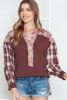 Red Floral Plaid Mixed Patchwork Bishop Sleeve Top
