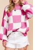 Rose Checkered Bishop Sleeve Pullover Sweater