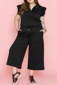 Black Plus Ruffled Sleeve Quarter Zip Top & Wide Leg Pants Set (size: (US 14W-16W)1X)