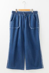 Sail Blue High Waist Pocket Distressed Trim Wide Leg Plus Size Jeans (size: (US 14W-16W)1X)