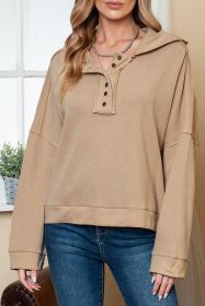 Khaki Solid Color Casual Button Seam Trim Hoodie (size: (US 18-20)2XL)