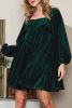 Green Square Neck Tie Back Ribbed Velvet Babydoll Dress