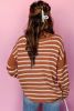 Brown Stripe Casual Round Neck Drop Shoulder Sweater
