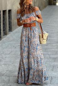 Blue Boho Paisley Print Off Shoulder Maxi Dress (size: (US 12-14)L)