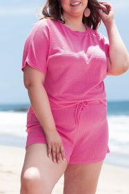 Rose Red Solid Waffle Knit Plus Size Two Piece Shorts Set (size: (US 14W-16W)1X)