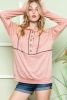 Pink Solid Color Exposed Seam Henley Pullover Hoodie