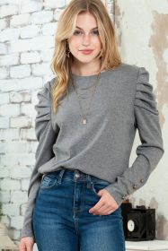 Gray Plain Buttoned Puff Long Sleeve Sheath Top (size: (US 12-14)L)