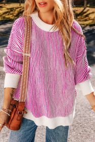 Bright Pink Striped Contrast Trim Loose Sweater (size: (US 20-22)2XL)