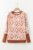 Geometric Print Ribbed Contrast Long Sleeve Top