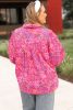 Purple Abstract Print Puff Sleeve V Neck Plus Size Blouse