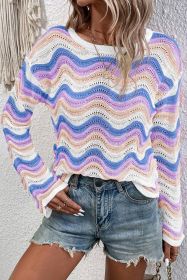Purple Stripe Wavy Pointelle Knit Drop Shoulder Sweater (size: (US 12-14)L)