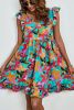 Green Leaf Print V Neck Fluttter Sleeveless Short Dress