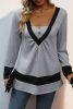 Gray Stripe Colorblock Button Long Sleeve Top