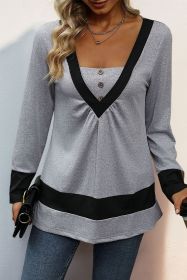 Gray Stripe Colorblock Button Long Sleeve Top (size: (US 12-14)L)