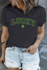 Black Plus Size LUCKY Clover Embroidered Graphic Tee (size: (US 14W-16W)1X)