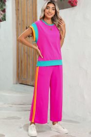 Strawberry Pink Colorblock Cap Sleeve Tee and Wide Leg Pants Set (size: (US 20-22)2XL)