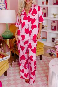 Pink Valentine Heart Short Sleeve Shirt Pajama Set (size: (US 12-14)L)