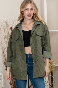 Green Lattice Texture Pockets Button Up Quilted Shacket (size: (US 18-20)2XL)