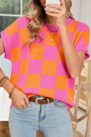 Strawberry Pink Colorblock Plaid Knit Dolman Tee (size: (US 12-14)L)