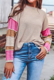 Simply Taupe Exposed Seam Patchwork Sleeve Round Neck Sweater (size: (US 12-14)L)