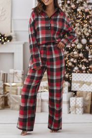 Red Christmas Checkered Pattern Loose Shirt and Pants Pajama Set (size: (US 12-14)L)