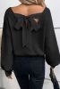 Black Lantern Sleeve V Neck Bowknot Back Sweater