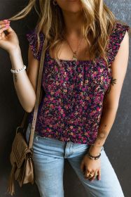Rose Boho Floral Print Frill Straps Sleeveless Shirt (size: (US 12-14)L)