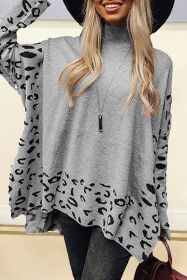 Gray Leopard Casual Side Slit High Neck Oversized Sweater (size: (US 18-20)2XL)