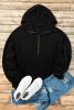 Black Half Zipper Kangaroo Pockets Drop Shoulder Hoodie
