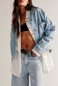Sky Blue Stripe Washed Oversized Pocketed Denim Jacket (size: (US 20-22)2XL)