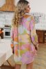 Multicolor Random Abstract Print Frill Split Neck Babydoll Short Dress