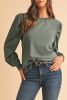 Medium Grey Eyelet Embroidered Sleeve Patchwork Ribbed Sweatshirt