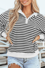 White Stripe Buttoned Crew Neck Oversized Sweatshirt (size: (US 20-22)2XL)