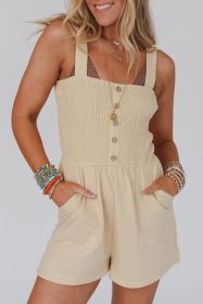 Beige Solid Color Buttons Smocked Sleeveless Romper (size: (US 12-14)L)