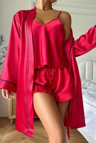 Racing Red Satin Camisole Shorts Robe Pajama Set (size: (US 12-14)L)