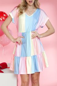 Multicolor Striped Rainbow V Neck Short Sleeve Tiered Dress (size: (US 12-14)L)