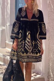 Black Ethnic Print V Neck Flared Sleeve Dress (size: (US 12-14)L)