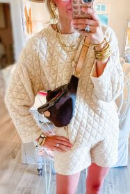 Beige Quilted Long Sleeve Top and Shorts Set (size: (US 12-14)L)