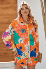 Orange Floral Print Lantern Sleeve Shirt & Drawstring Shorts Set (size: (US 12-14)L)