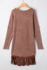Coffee Waffle Patchwork Fringe Hem High Low Loose Top
