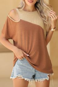 Brown Cold Shoulder Colorblock Splicing T Shirt (size: (US 12-14)L)