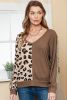 Brown Leopard Print Color Block Waffle Knit V Neck Long Sleeve Top