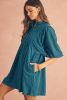 Light Blue Snap Button Empire Waist Lantern Sleeve Corduroy Dress